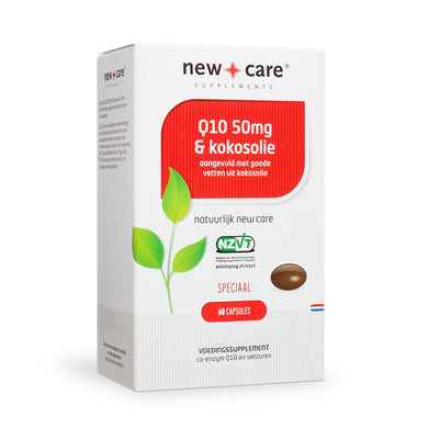 New Care Q10 50mg & Kokosolie: aangevuld met goede vetten uit kokosolie. Speciaal. 60 capsules.