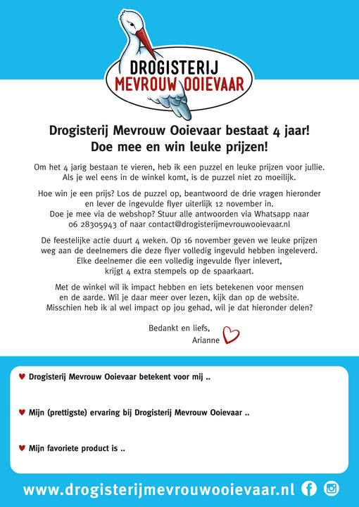 Drogisterij Mevrouw Oooievaar bestaat 4 jaar!!!