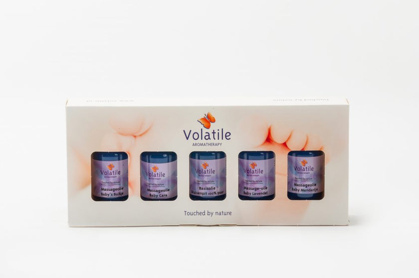 Geschenkverpakking met 5 speciale baby olien van Volatile - Drogisterij Mevrouw Ooievaar