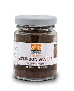 Mattisson Bourbon Vanille Poeder: Heerlijk om gebak, smoothie of nagerecht mee te verrijken. Een vanille stokje vervangen door 2,5 g poeder. 30 gram.