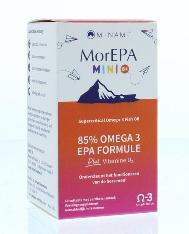 MorEPA mini voor kinderen vanaf 6 jaar, Omega 3 en vitamine D3, 60 kleine softgel capsules / visolie van Minami  - Drogisterij Mevrouw Ooievaar