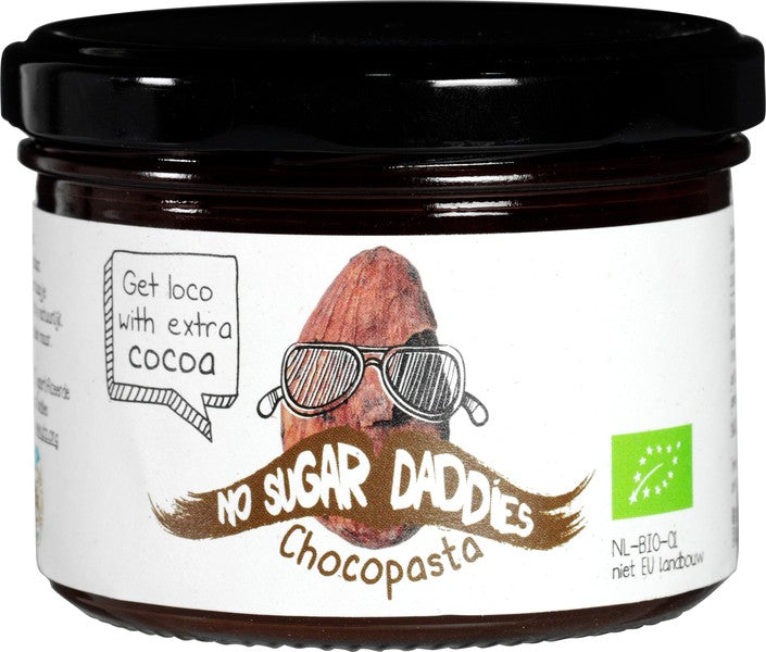 No Sugar Daddies Chocopasta: No Sugar Daddies chocopasta Puur, op basis van dadels, bevat alleen van nature aanwezige suikers.  200 gram.