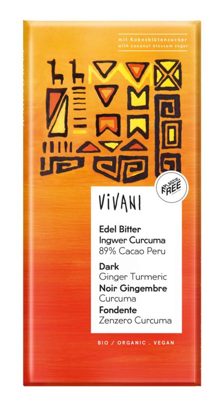 Puur chocolade 89% met Gember en Kurkuma van Vivani - Drogisterij Mevrouw Ooievaar