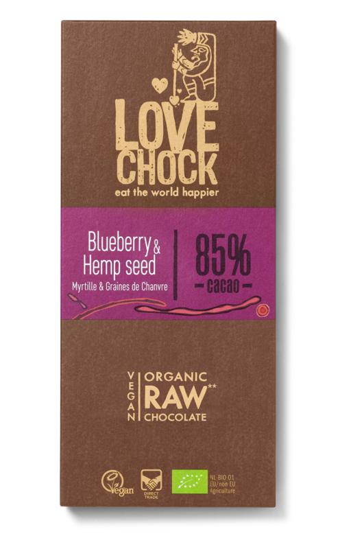 Raw Chocolate puur blauwe bessen en hennepzaad van Lovechock - Drogisterij Mevrouw Ooievaar