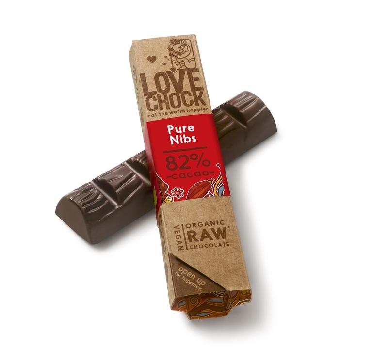 Raw Chocolate puur met nibs, stukjes pure cacaonoot, van Lovechock - Drogisterij Mevrouw Ooievaar