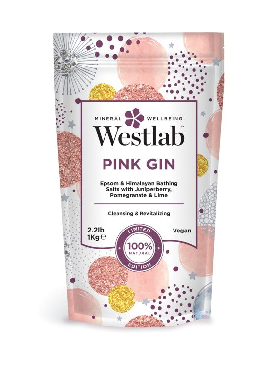 Westlab Pink Gin Epsom & Himalayan Bathing Salts with Juniperberry, Pomegranate & Lime. 100% natural. Limited Edition.  Cleansing & Revitalizing.  Vegan. 1 kg.