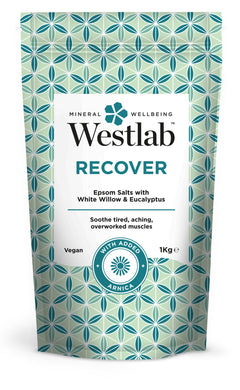 Westlab Recover Epsom Salts with White Willow & Eucalyptus with added Arnica. Soothe tired, aching, overworked muscles. Vegan. 1 kg.