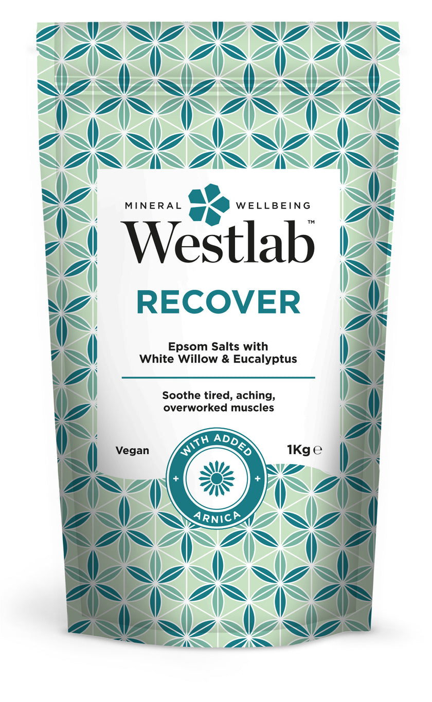 Westlab Recover Epsom Salts with White Willow & Eucalyptus with added Arnica. Soothe tired, aching, overworked muscles. Vegan. 1 kg.