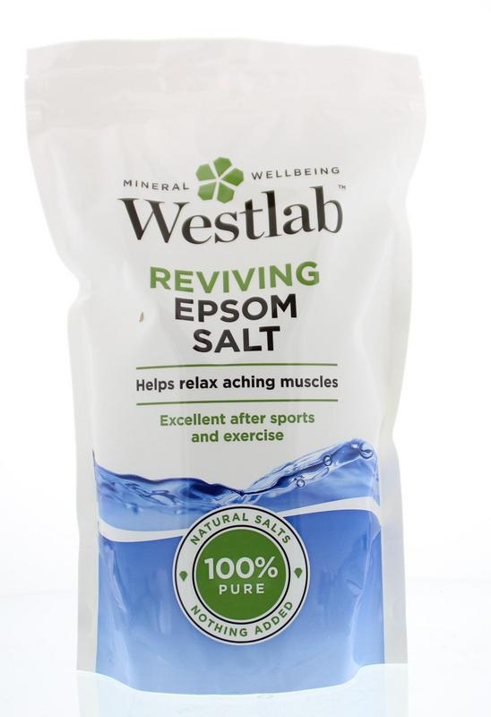 Westlab Reviving Epsom Salt, Natural Salts nothing added. 100% pure. Helpt pijnlijke spieren te ontspannen. Uitstekend na het sporten.  Drogisterij Mevrouw Ooievaar