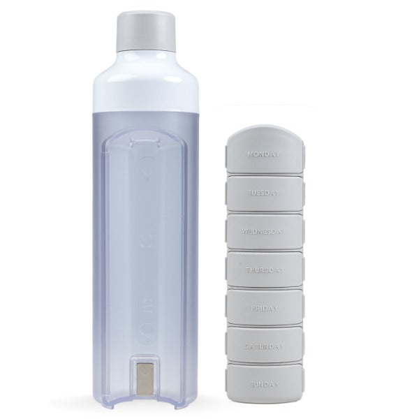 YOS bottle weekly, grijs- waterfles en pillendoos in één- Drogisterij Mevrouw Ooievaar
