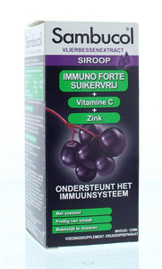 Immuno Forte Suikervrije siroop met vlierbessenextract, vitamine C en Zink, van Sambucol - Drogisterij Mevrouw Ooievaar