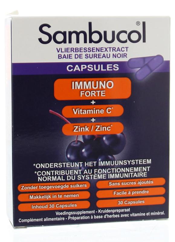 Immuno Forte Capsules met vlierbessenextract, vitamine C en Zink, van Sambucol - Drogisterij Mevrouw Ooievaar
