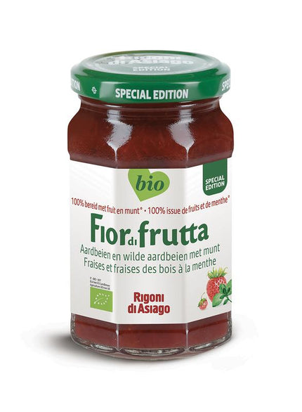 Jam / Fruitspread aardbei en wilde aardbei met munt van Fior di frutta - Drogisterij Mevrouw Ooievaar