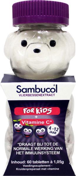 Kauwtabletten voor Kinderen in een leuk berenpotje met vlierbessenextract, vitamine C , van Sambucol - Drogisterij Mevrouw Ooievaar
